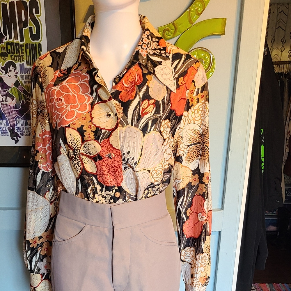 1970's Metallic Floral Print Blouse By Korell Plus Size